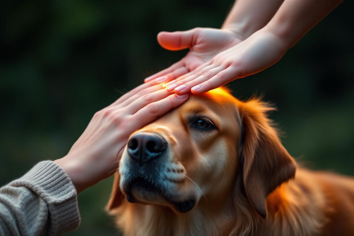 Manos sanando a un perro