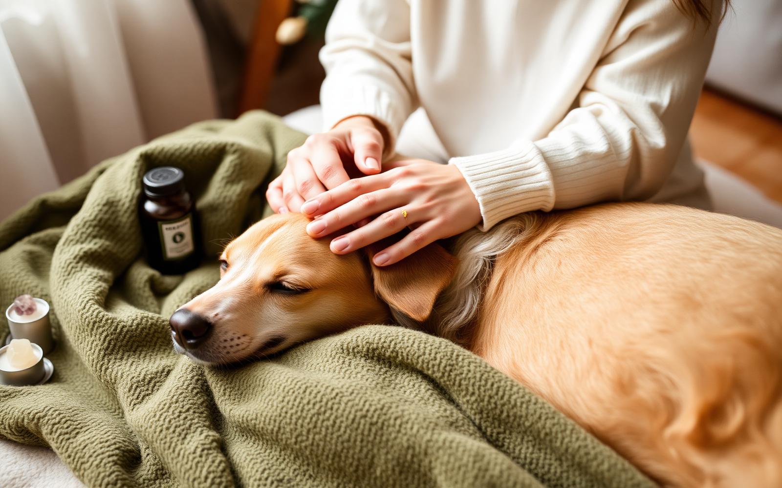 Manos de mujer aplicando terapia natural a un perro
